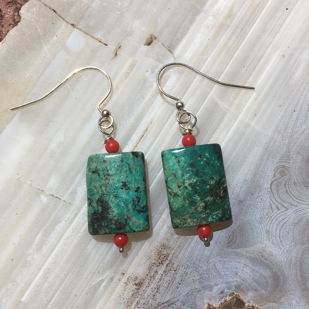 Red Coral and turquoise colored stone earrings